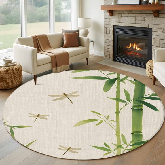 Green Botanical Round Area Rug 7Ft Washable Circle Rugs for Dorm Laundry Room, Farmhouse Dragonfly Non-Slip Carpet Floor Mats Indoor Outdoor Carpet Runner Aesthetic Home Decor