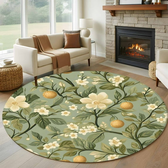 Green Botanical Round Rug 5ft Washable Circle Kitchen Rugs Non Slip Rustic Spring Summer Botanical Large Area Rug Indoor Floor Carpet for Bedroom Living Room Home Office Dining Room Nursery
