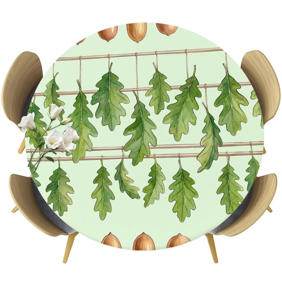 Green Botanical Round Tablecloth 36-44 Inch Round Fitted Table Cloth with Elastic Edge, Acorn Spring Summer Plant Leaves Waterproof Table Cover Protector for Outdoor Picnic Party Dining