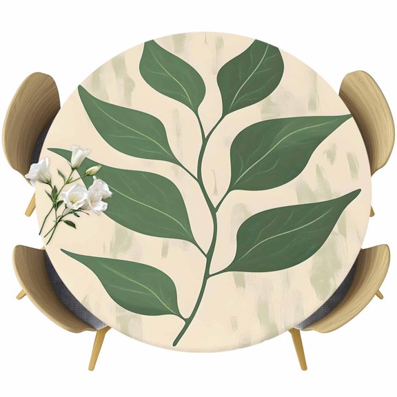 Green Botanical Round Tablecloth 36-44 Inch Round Fitted Table Cloth with Elastic Edge, Tropical Leaves Vintage Waterproof Table Cover Protector for Outdoor Picnic Party Dining