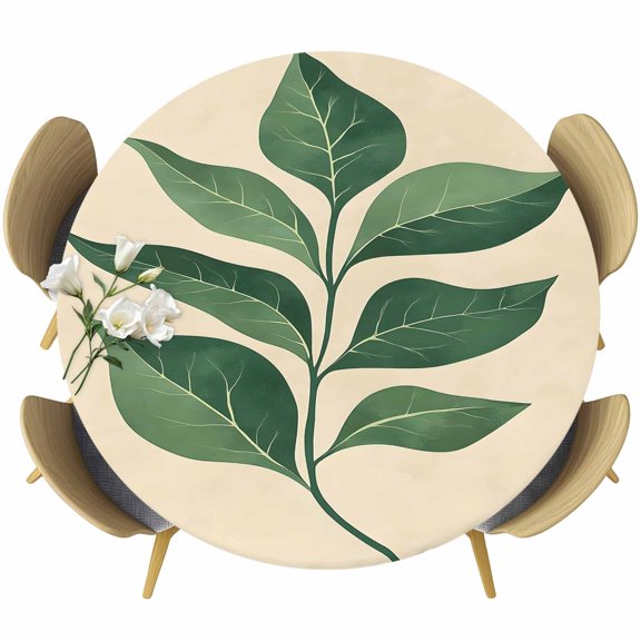 Green Botanical Round Tablecloth 45-54 Inch Round Fitted Table Cloth with Elastic Edge, Farmhouse Elegant Tropical Leaves Waterproof Table Cover Protector for Outdoor Picnic Party Dining