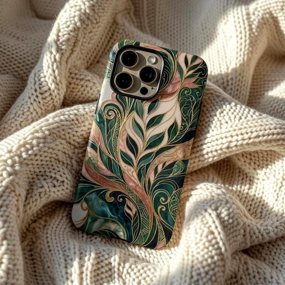 Green Botanical Scroll Case - Luxury Art Nouveau Leaf Pattern Compatible with iPhone 17, 16, 15, 14 Pro Max MagSafe Cover