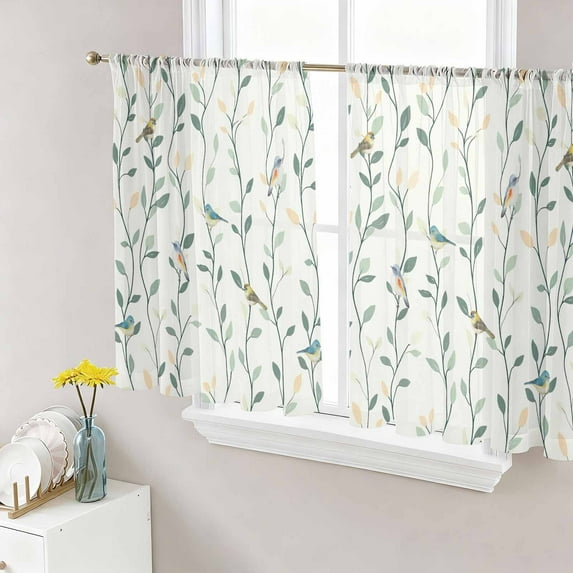 Green Botanical Semi Sheer Curtains 54 Inch Length 2 Panels Set, Spring Summer Birds Watercolor Sheer Kitchen Curtain Privacy Voile Window Curtain for Living Room Bedroom Rod Pocket Drapes