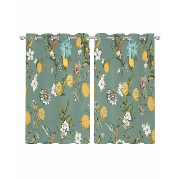 Green Botanical Sheer Curtains 39 Inch Length 2 Panels Set for Living Room/Bedroom, Spring Floral Summer Lemon Birds Kitchen Curtains Grommet Semi-Sheer Curtains Drapes Window Treatments 27.5"x39"x2
