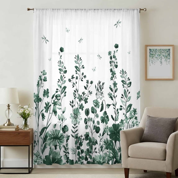 Green Botanical Sheer Curtains 45 Inches Long, Dragonfly Flower Leaf Retro Ink Style Light Filering Curtains, Breathable Simi Curtain Privacy Drapes for Kitchen Bathroom Small Window Treatment