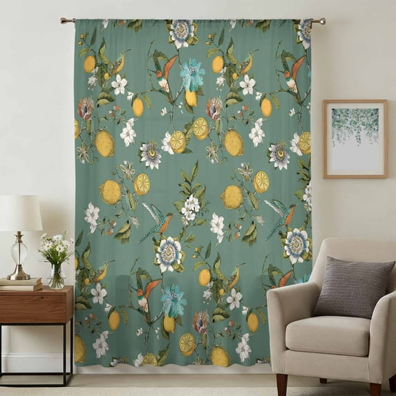 Green Botanical Sheer Curtains 54 Inches Long, Spring Floral Summer Lemon Birds Light Filering Curtains, Breathable Simi Curtain Privacy Drapes for Kitchen Bathroom Lightweight Small Window Treatment