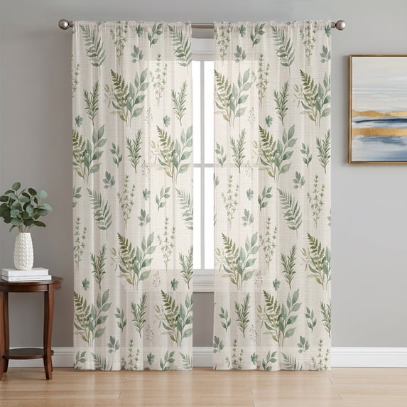 Green Botanical Sheer Curtains 72 Inch Length 2 Panels Set, Farmhouse Vintage Floral Leaves Voile Window Treatment Rod Pocket Curtains Sheers Drapes for Bedroom/Living Room/Kitchen 52"x72"x2