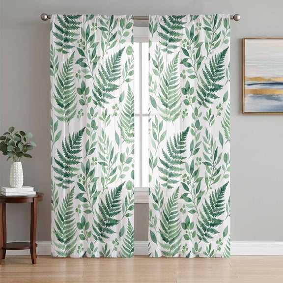 Green Botanical Sheer Curtains 96 Inch Length 2 Panels Set, Summer Leaf Fern Fronds Cottagecore Voile Window Treatment Semi Sheer Long Curtains Drapes for Bedroom/Living Room/Kitchen 52"x96"x2