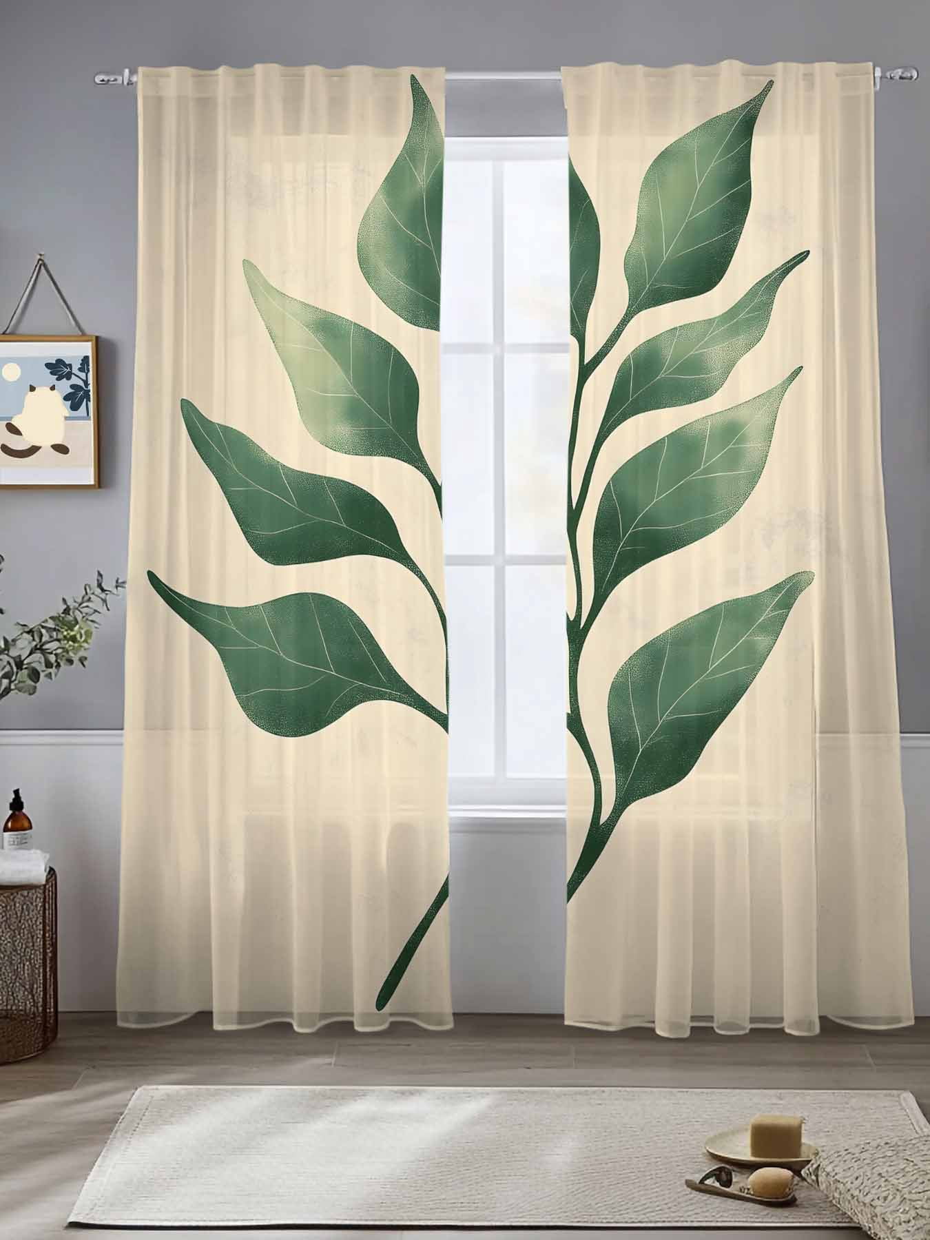 Green Botanical Sheer Curtains for Living Room Bedroom Tropical Leaf ...