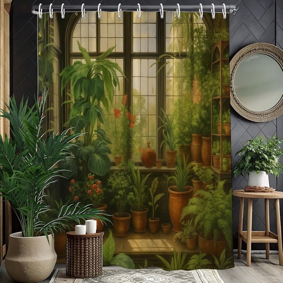Green Botanical Shower Curtain Tropical Plant Potted Green Plant Curtain for Bathroom Nature Lovers, Funny Waterproof Polyester Fabric Bath Curtain, 60x72 Inch
