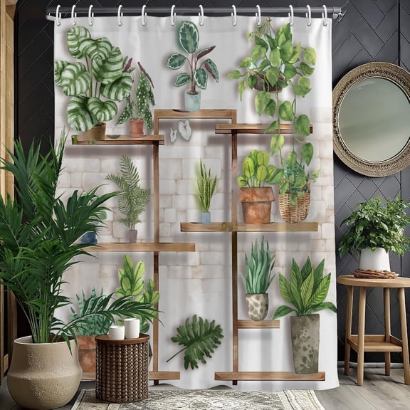Green Botanical Shower Curtain Tropical Plant Potted Green Plant Curtain for Bathroom Nature Lovers, Funny Waterproof Polyester Fabric Bath Curtain, 60x72 Inch