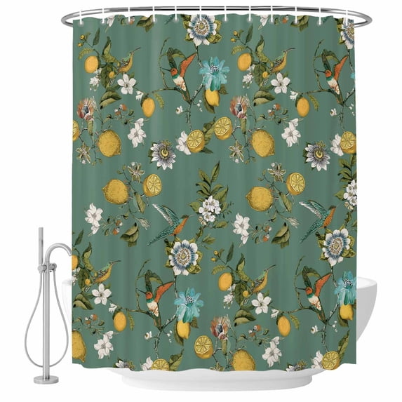 Green Botanical Shower Curtain, Waterproof Shower Curtains for Bathroom, Spring Floral Summer Lemon Birds Washable Fabric Bathtub Curtain Set Bath Decor with 12 Hooks 72"x78"