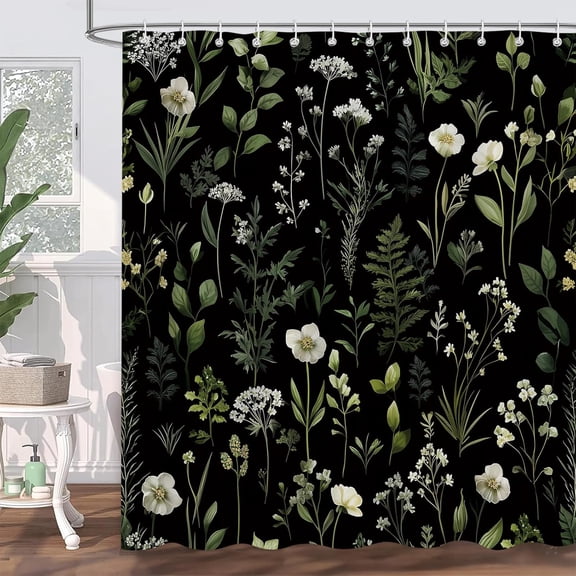 Green Botanical Shower Curtain fo Bathroom, Vintage Floral Flower Leaves Plant Black Bathroom Curtains Set Decor, Polyester Waterproof Shower Curtains with 12 Hooks, 60x72 Inch