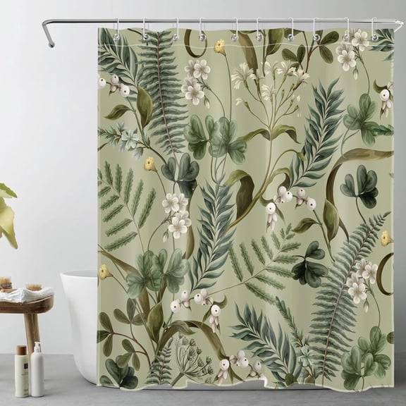 Green Botanical Shower Curtain for Bathroom Green Plant Floral Bath Cloth Fabric Curtain with Hooks, 60x72inch