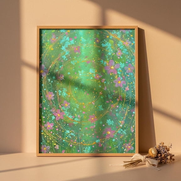 Green Botanical Spiral Poster Gold Floral Matte Wall Decor , Poster Print Only