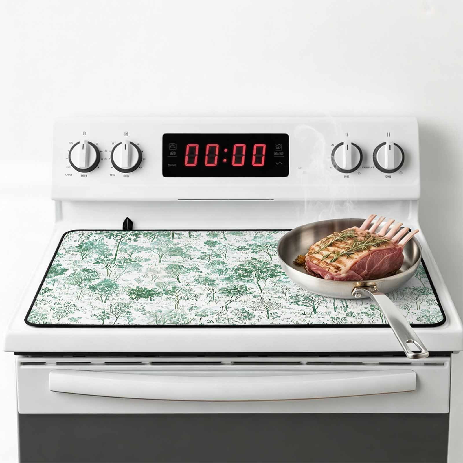 Green Botanical Stove Top Cover for Electric Stove, Heat-proof & Non Slip Glass Top Stove Cover Protector, Watercolor Spring Floral Summer Kitchen Flat Cooktop Rubber Mat 24x21 Inches