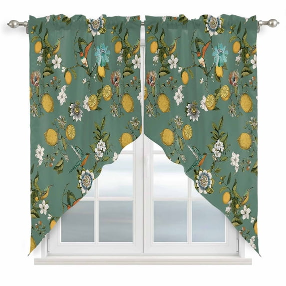 Green Botanical Swag Valances for Windows, Kitchen Curtains 36 Inch Length 2 Panels Set, Spring Floral Summer Lemon Birds Short Curtains for Small Windows Rod Pocket Cafe Curtains Drapes 28"x36"