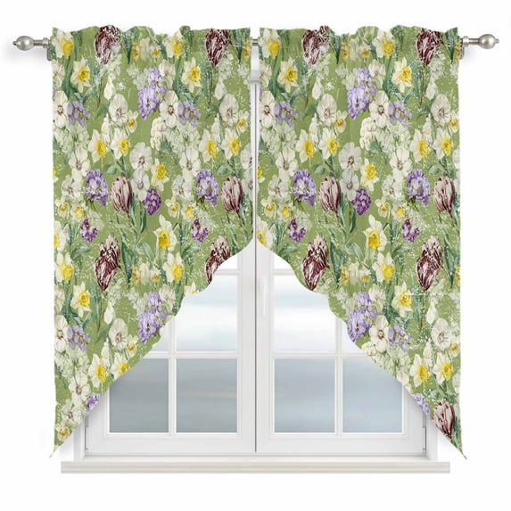 Green Botanical Swag Valances for Windows, Kitchen Window Curtains Over Sink, Spring Floral Summer Botanical Rustic Window Treatment Curtains for Living Room/Bedroom Curtains 2 Panel Sets 36"x45"