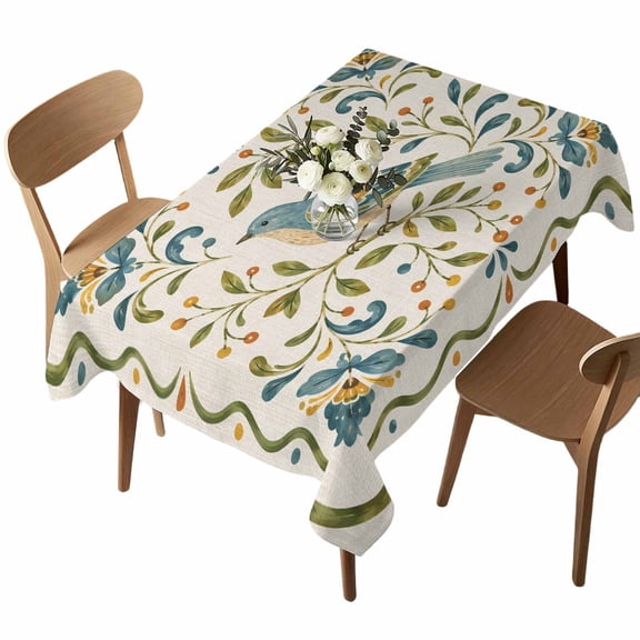 Green Botanical Table Cloth, Waterproof Tablecloth for Rectangle Tables, Birds Boho Spring Floral Cottagecore Washable Fabric Table Cover for Restaurant Kitchen Dining Tables 52"x70"