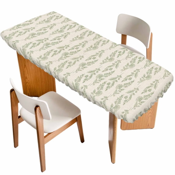 Green Botanical Table Cloths for 8 Foot Rectangle Tables, Pastoral Elegant Spring Floral Rustic Patio Waterproof Elastic Fitted Tablecloths, Washable Rectangular Table Cover for Camping
