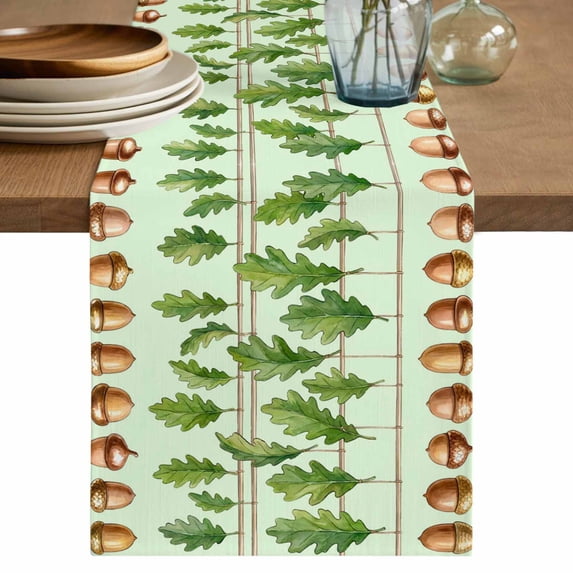 Green Botanical Table Runner 36 Inches, Acorn Spring Summer Plant Leaves Bed Runner Dresser Scarves Tabletop for Indoor Outdoor Parties/Ceremony/Banquet, 13"x 36"