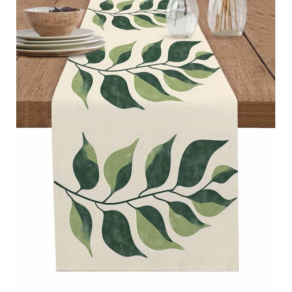 Green Botanical Table Runner Cotton Linen 108 Inch Holiday Dresser Scarves, Elegant Tropical Leaf Summer Tablerunner for Kitchen Coffee Dining Bedroom Home Living Room Dinner Scarf Décor 13''x108''