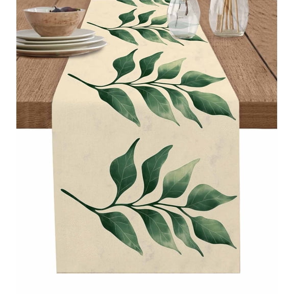 Green Botanical Table Runner Cotton Linen 36 Inch Holiday Dresser Scarves, Tropical Leaf Summer Leaves Tablerunner for Kitchen Coffee Dining Bedroom Home Living Room Dinner Scarf Décor 13''x36''