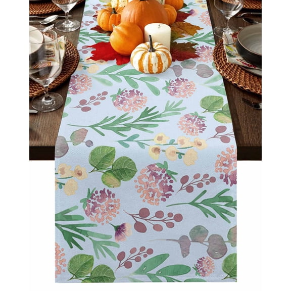 Green Botanical Table Runner-Cotton Linen- 72 Inch Holiday Dresser Scarves, Country Watercolor Flower Plant Leaves Tablerunner for Kitchen Coffee/Dining Bedroom Living Room Dinner Scarf Décor 16x72