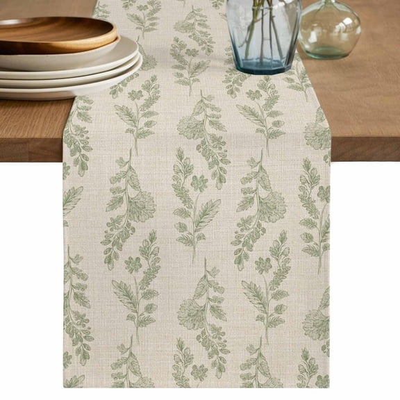 Green Botanical Table Runner, Pastoral Elegant Spring Floral Rustic Washable Cotton Linen Table Runners 36 Inches Long, Dresser Scarf Runner for Nightstand/End Tables/Round Tables 13''x36''