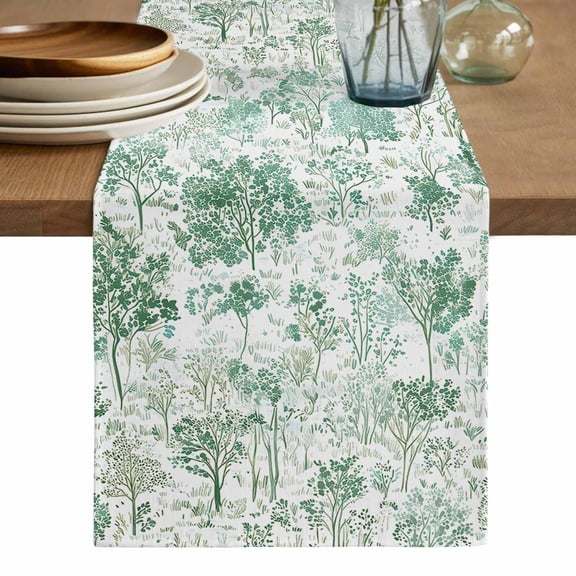 Green Botanical Table Runner, Watercolor Spring Floral Summer Washable Cotton Linen Table Runners 36 Inches Long, Dresser Scarf Runner for Nightstand/End Tables/Round Tables 13''x36''
