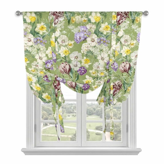 Green Botanical Tie Up Curtains for Windows, Adjustable Balloon Window Shades, Spring Floral Summer Botanical Rustic Kitchen Window Treatments Farmhouse Short Curtains with Rod Pocket 42"x45"