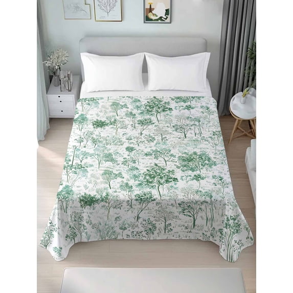 Green Botanical Twim XL Size Flat Sheet, Wrinkleproof & Fadeproof Cooling Flat Bed Sheet Only, Watercolor Spring Floral Summer Breathable Soft Bedding Top Sheets 66 x 102 Inches