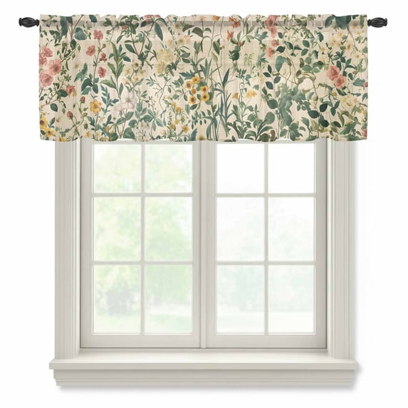 Green Botanical Valance Curtains for Kitchen/Living Room/Bathroom/Bedroom Window, Rod Pocket Small Topper Half Short Window Curtains Sheer Scarf, Vintage Plant Flowers Garden Leaf Motifs 42"x12"