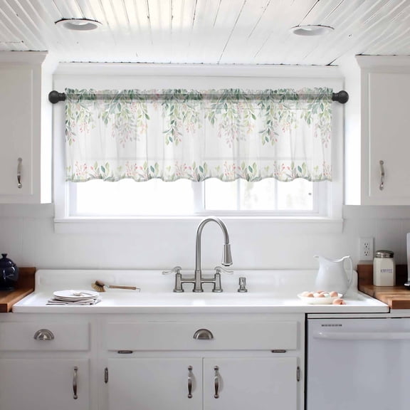 Green Botanical Valance Curtains for Kitchen/Living Room/Bathroom/Bedroom Window,Watercolor Floral Spring Eucalyptus Leaves Rod Pocket Small Topper Half Short Window Curtains Sheer Scarf 54"x18"