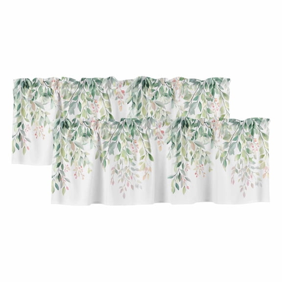 Green Botanical Valances for Windows, Light Filtering Kitchen Curtain Valances 2 Panels, Pink Spring Floral Eucalyptus Leaves Rod Pocket Short Window Treatments for Living Room Bedroom 42"Wx12"L