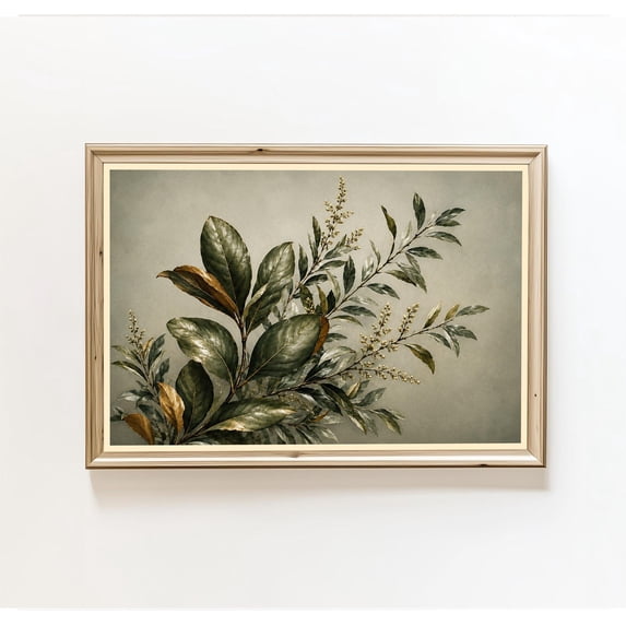 Green Botanical Wall Art, Golden Leaves Print, White Berries ...
