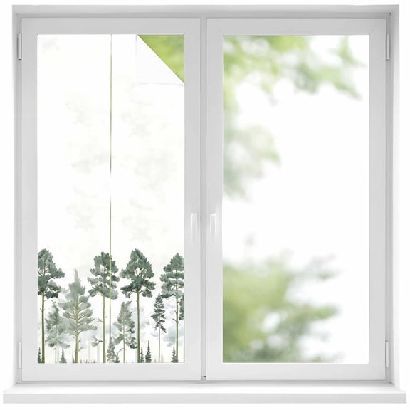 Green Botanical Window Privacy Film, Watercolor Tree Static Cling UV Sun Blocking Heat Control Window Tint Day and Night, Non-Adhesive Reusable One Way Windows Privacy Cover 19.6''x39.3''
