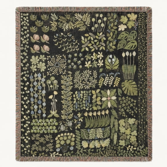 Green Botanical Woven Throw Blanket | 100% Cotton Fringed Boho Cottagecore | 3 Sizes