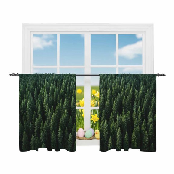 Green Botanical Pine Trees Sheer Curtains 45 Inch Length Rod Pocket Semi Transparent Light Filtering Window Drapes for Kitchen Bedroom Living Room,2 Panels, Vintage Nature Winter Forest