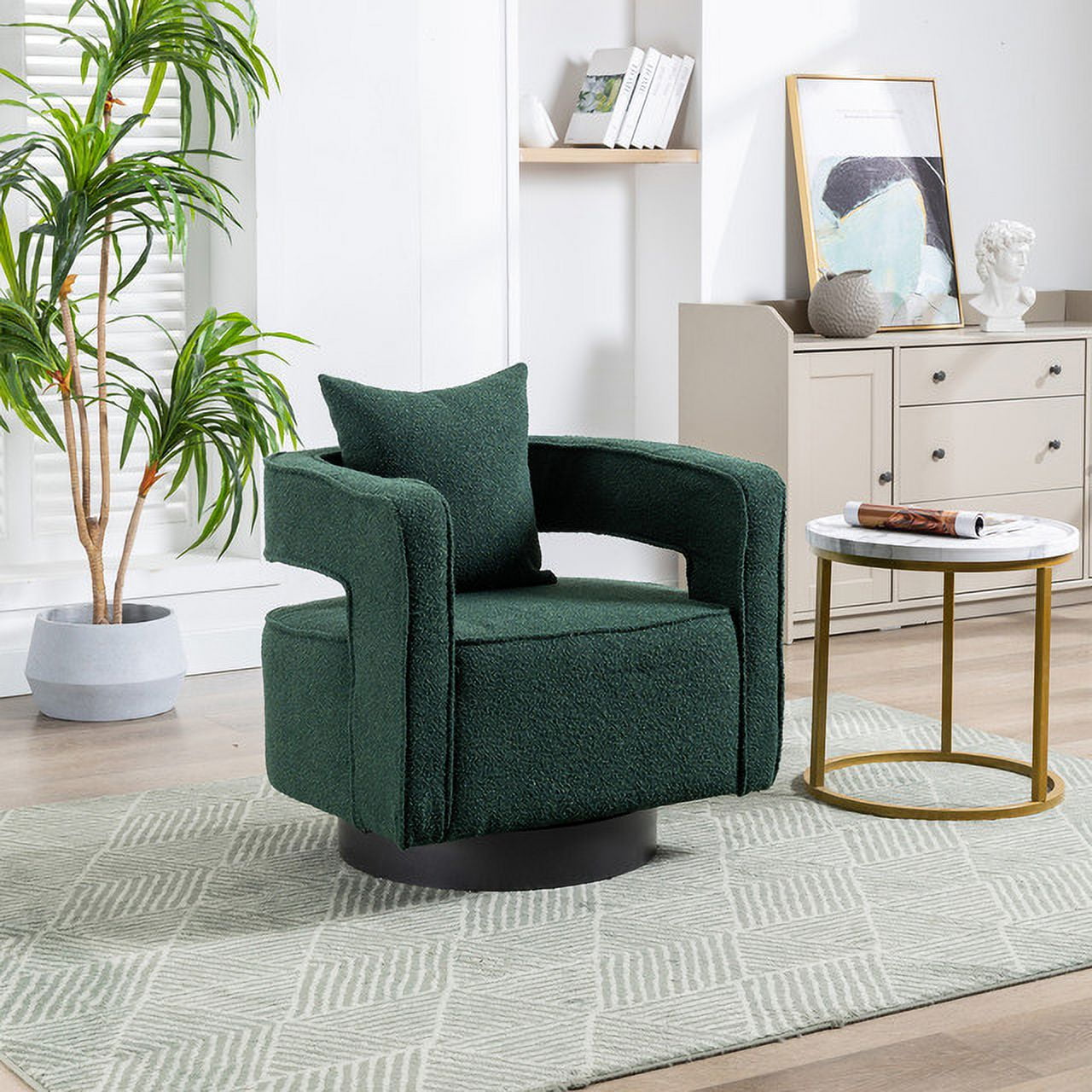 Green Boucle Swivel Accent Chair with Open Back Feature Modern Sofa
