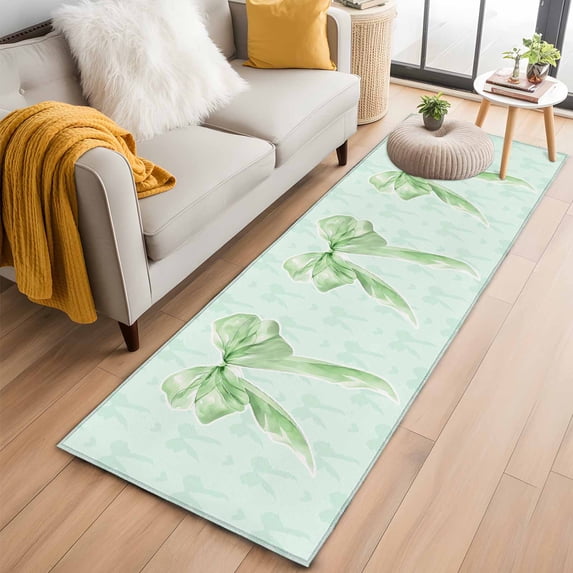 Green Bow 2'x6' Runner Rug, Cute Bowknot Minimalist Solid Color Washable Non-Slip Area Rugs for Hallway Kitchen Floor Bedroom Entryway, StainResistant Laundry Carpet Decoration Indoor Mat