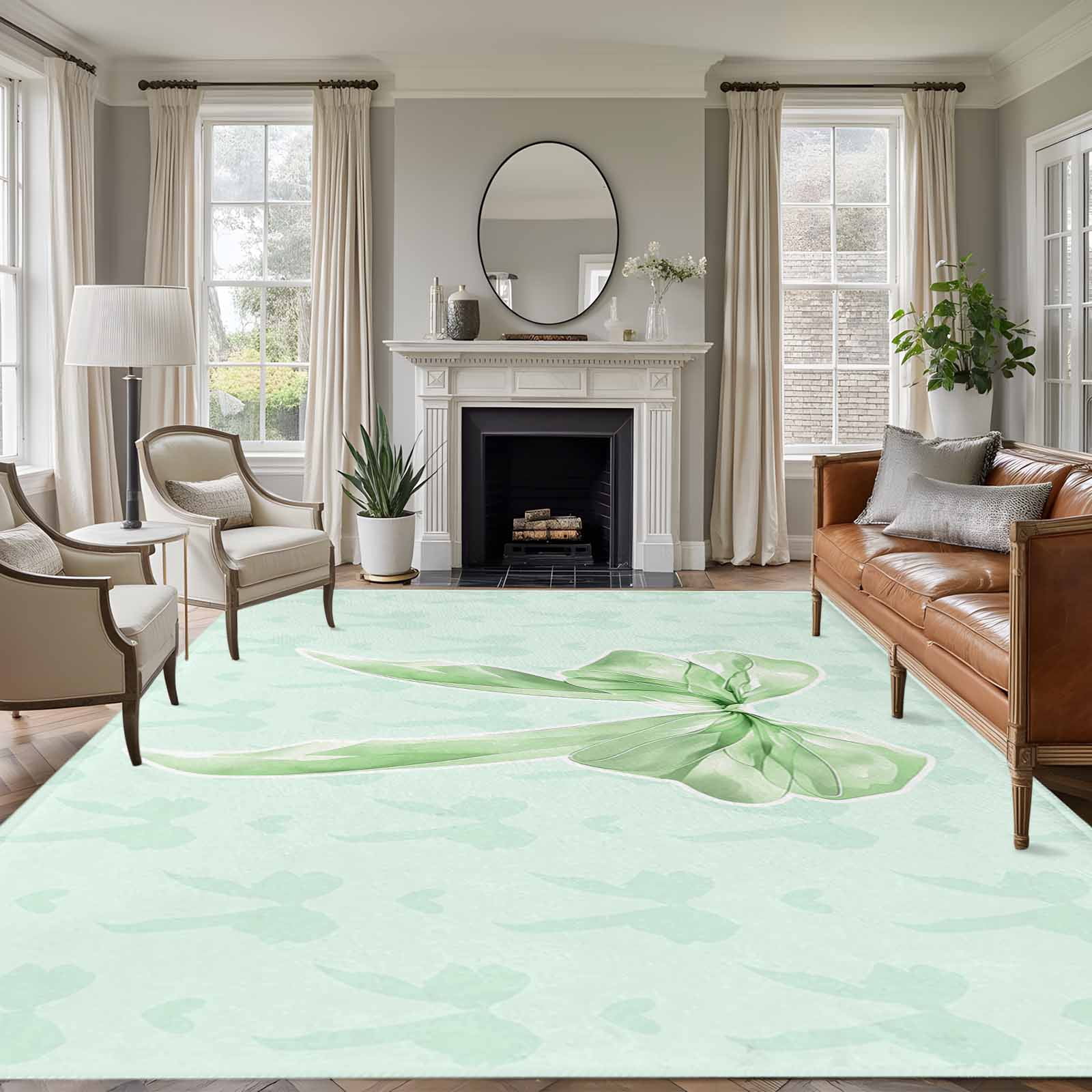 Green Bow Area Rugs 6'x9', Washable Small Throw Rugs for Kitchen Dining room, Cute Bowknot Minimalist Solid Color Indoor Outdoor Rug Non-Slip Low Pile Carpet Runner Reversible Floor Mats