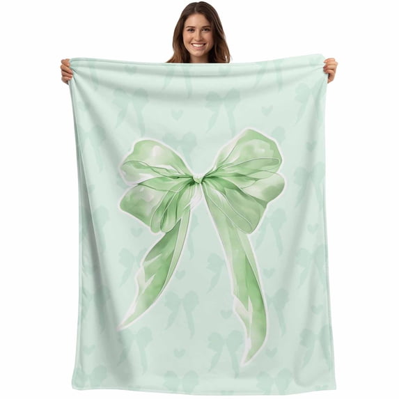 Green Bow Blanket Soft Cozy Warm Throw Blanket for Couch, Plush Fuzzy Flannel Fleece Blankets for Sofa, Cute Bowknot Minimalist Solid Color Bed Blankets Lightweight Gifts for Women, 50"x60"