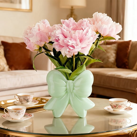 Green Bow Coquette Ceramic Vase - Multifunctional Pen & Makeup Brush Holder, Contemporary Home Office Decor, Perfect Christmas Gift for Women (4.5x1.9x4.7 in)