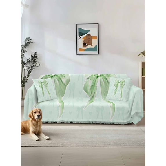 Green Bow Couch Cover, Cute Bowknot Minimalist Solid Color Sofa Cover Blanket for Loveseat Couches, Sectional Sofa Slipcover Furniture Protector for Living Room Bedroom 71''x118''