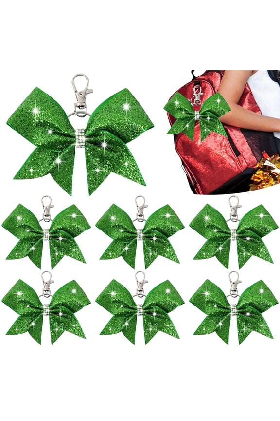 Green Bow Keychain,6PCS Cheer Rhinestones Keychain,Durable Cheer Keychain,Cheer Accessories for Teen Girls Softball Cheerleader Sport