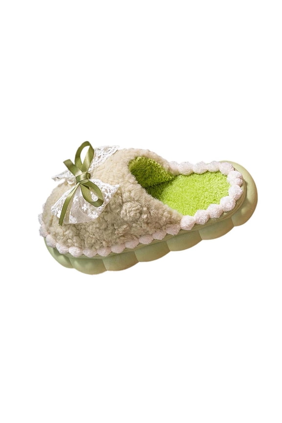 Green Bow-Knotted Slippers For Women With Flat Sole Home Wear Casual Winter Outerwear Comfortable