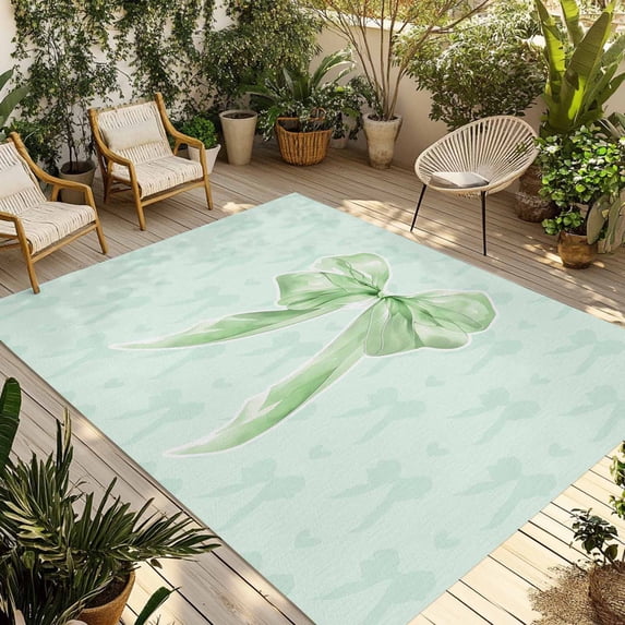 Green Bow Outdoor Rug for Patio/Deck/Porch, Non-Slip Large Area Rug 5 x 7 Ft, Cute Bowknot Minimalist Solid Color Indoor Outdoor Rugs Washable Area Rugs, Reversible Camping Rug Carpet Runner