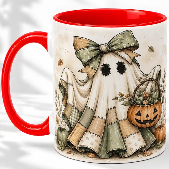 Green Bow Patchwork Ghost Accent Mug, 11oz Ceramic Coffee Cup for Halloween