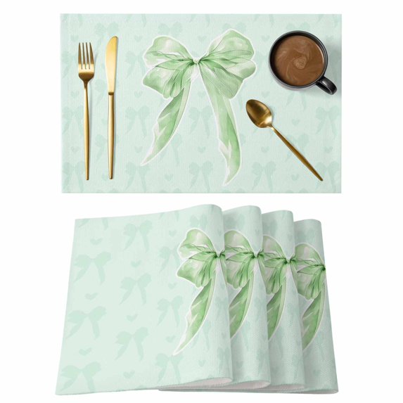 Green Bow Placemats Set of 4, Cute Bowknot Minimalist Solid Color Placemats for Dining Table, Place Mats for Kitchen Tabletop, Waterproof Wipeable Dining Table Mats Set